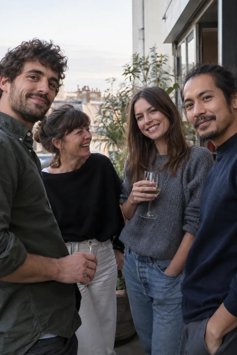 Four friends sharing drinks and smiling on a rooftop terrace