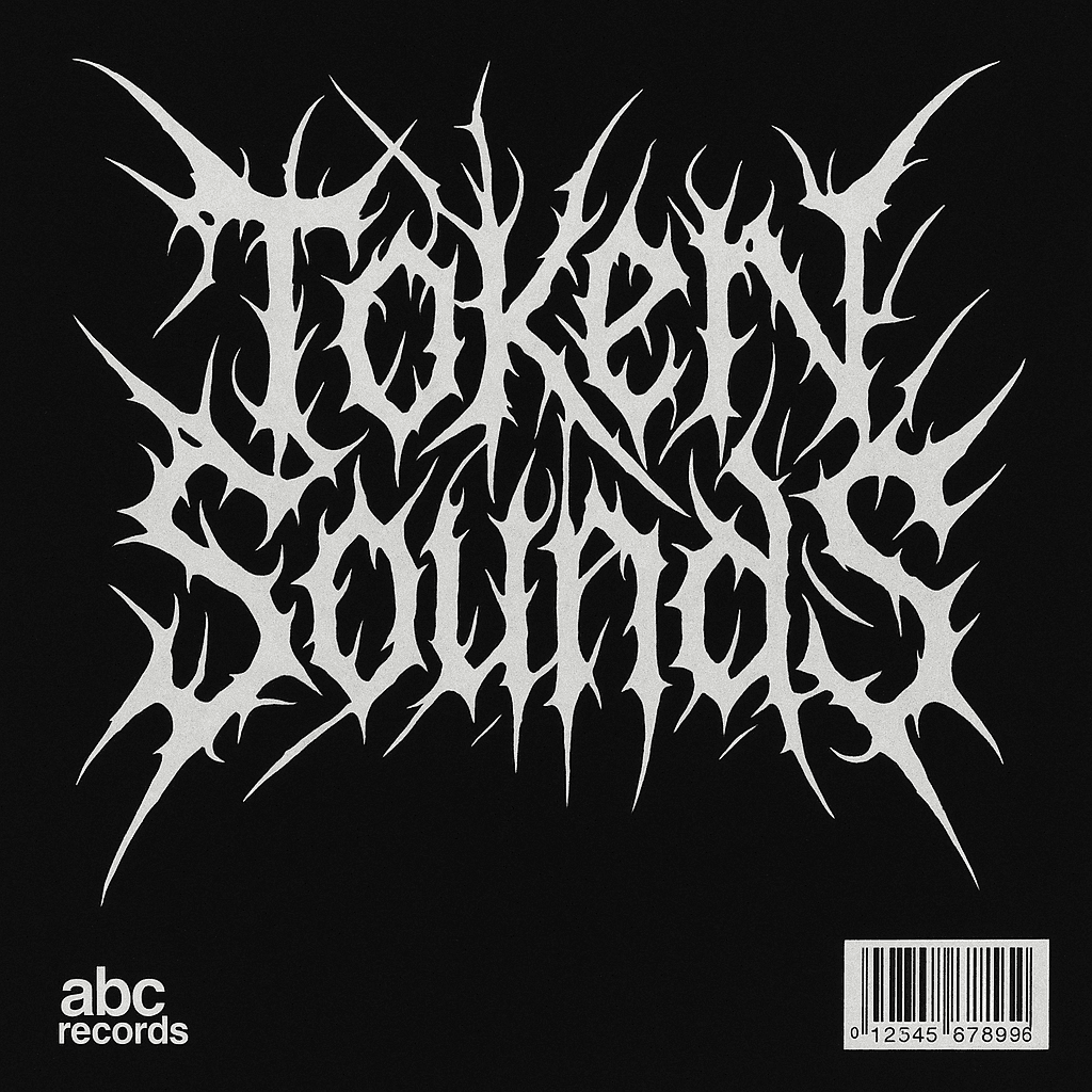 Create a picture with a record sleeve design for a heavy metal band. The main text should be in extremely complex (almost illegible) lettering typical for hard metal band logos, covering the whole cover. Include this content: front and center: token sounds bottom left corner: abc records (small font size) bottom right corner: barcode the background should be black, text should be white.