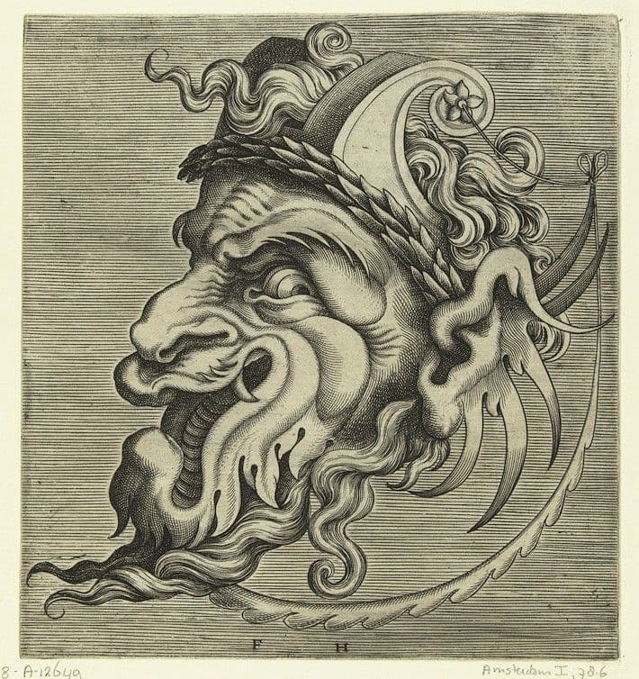 A black and white engraving of a grotesque head in profile, adorned with elaborate hair and beard, with inscriptions at the bottom.