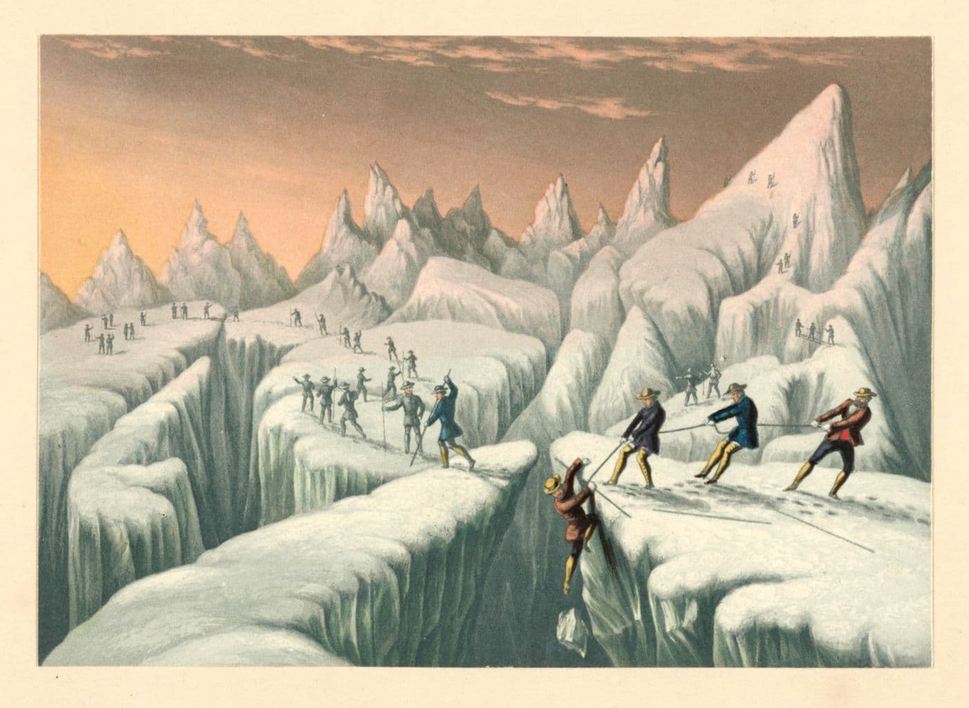 Vintage lithograph of a group of people skiing and walking across a snowy mountain ridge, with towering peaks and a warm orange sky.