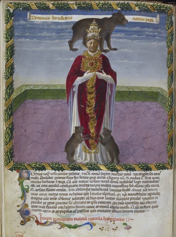 Illuminated manuscript page featuring a man in red robes with a raven on his head.