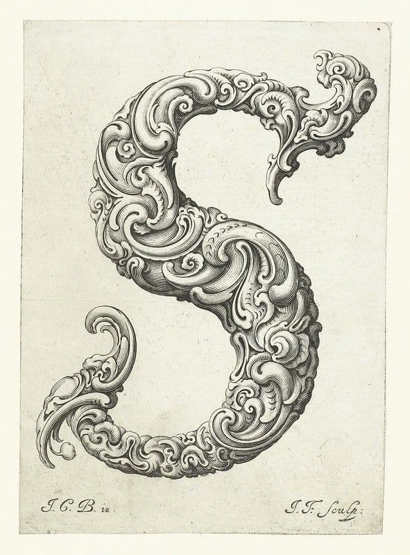 A detailed black and white engraving of an ornate letter 'S' with swirling, organic patterns and inscriptions at the bottom corners.