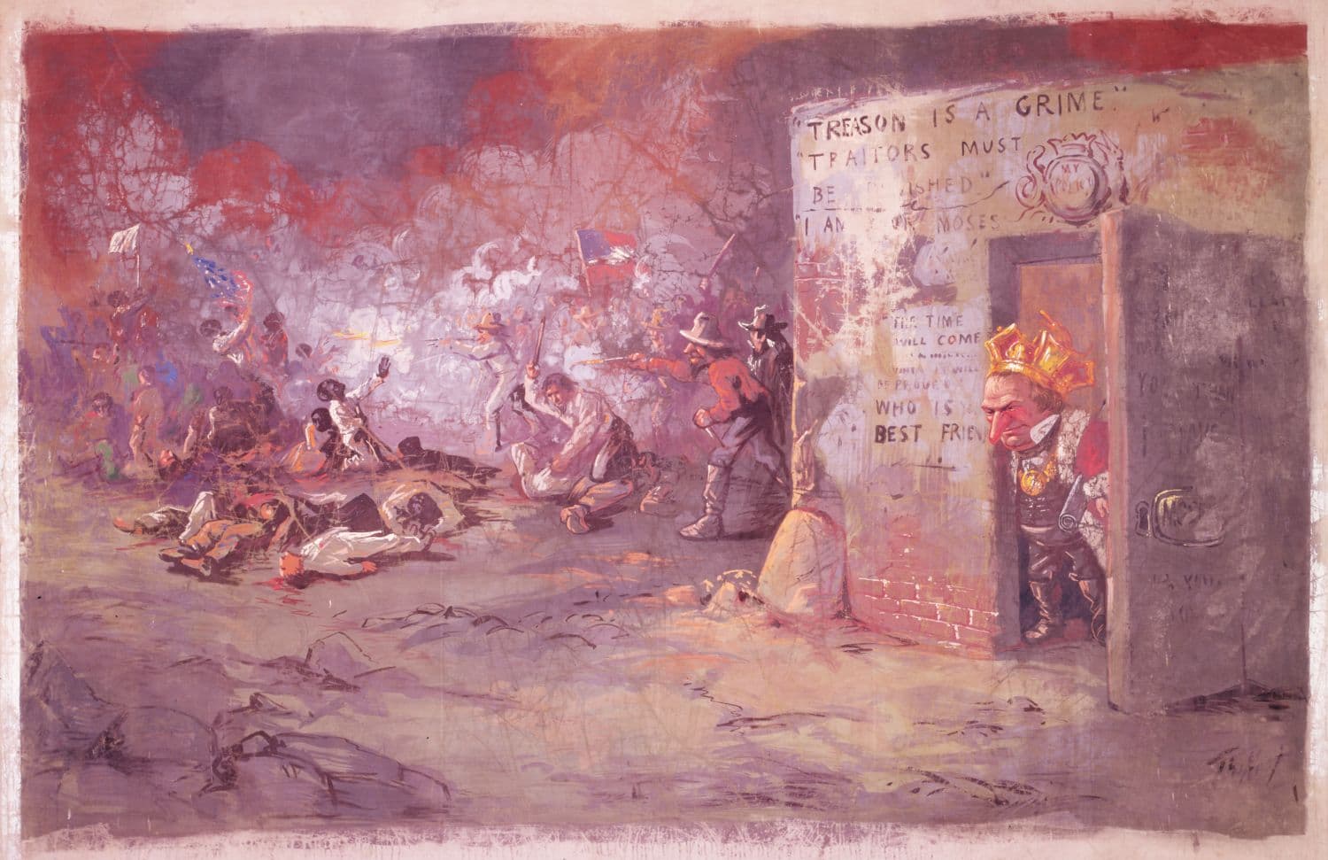 A painting depicting a chaotic scene of execution and public unrest, with a group of people lying on the ground, a stone building with writing on the wall, and a flag in the background.