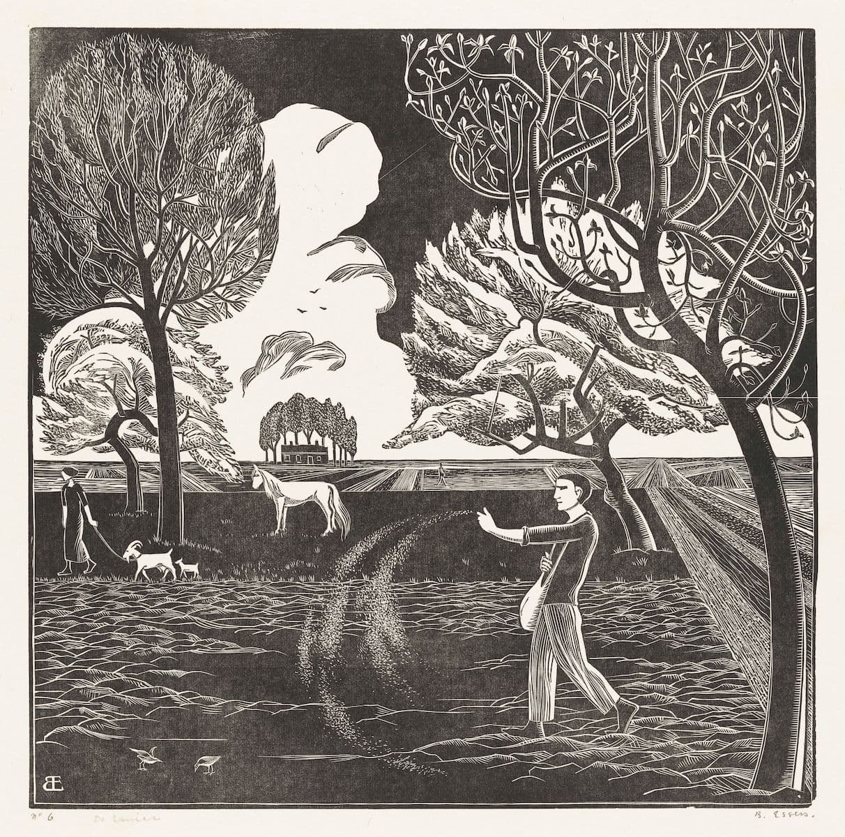 A black and white woodcut print depicting a surreal landscape with a large face in the sky, a man offering an object, a horse, a dog, and a building in the distance.