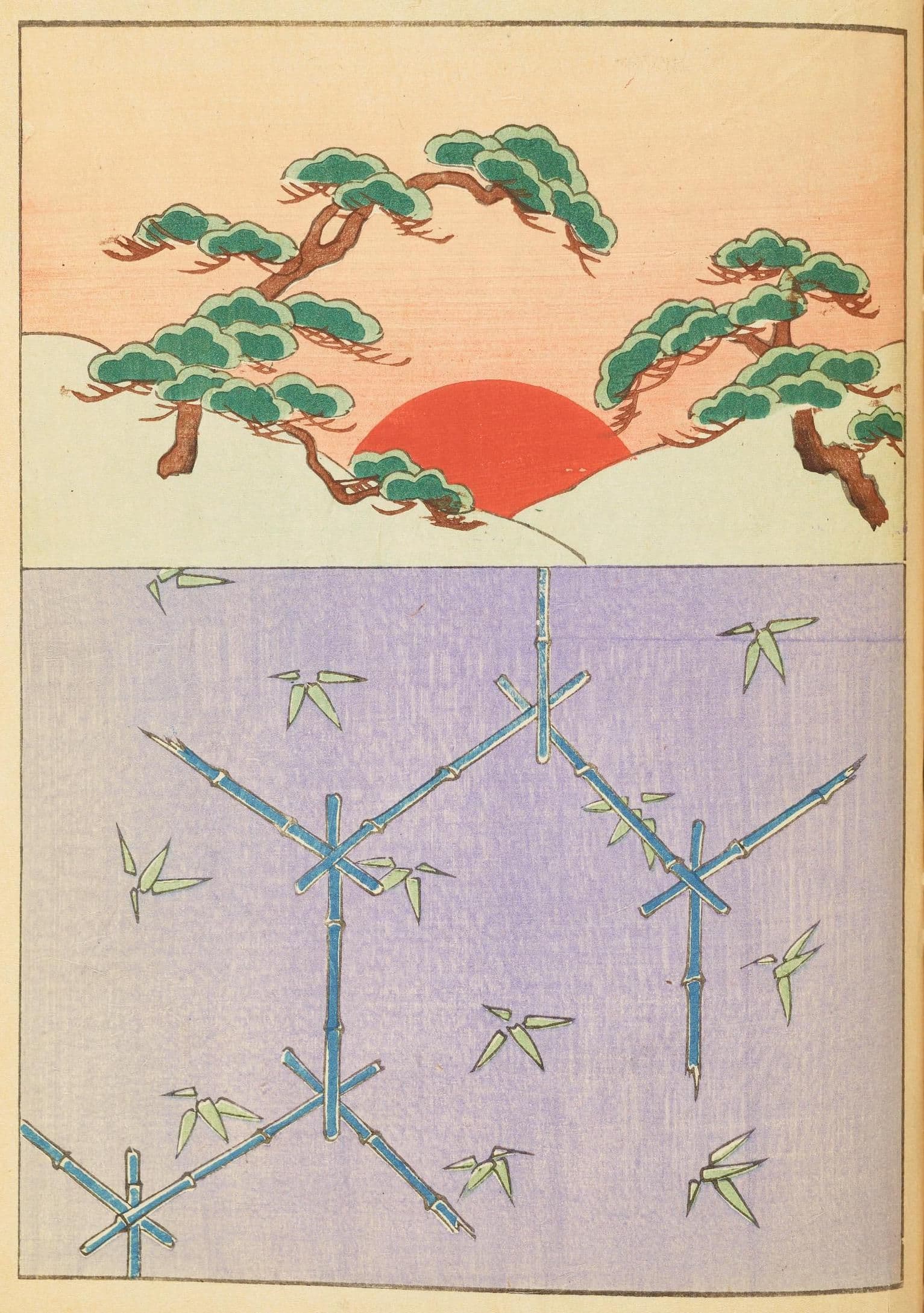 Vintage Japanese-style illustration of pine trees framing a red sun over a lavender pond filled with bamboo.
