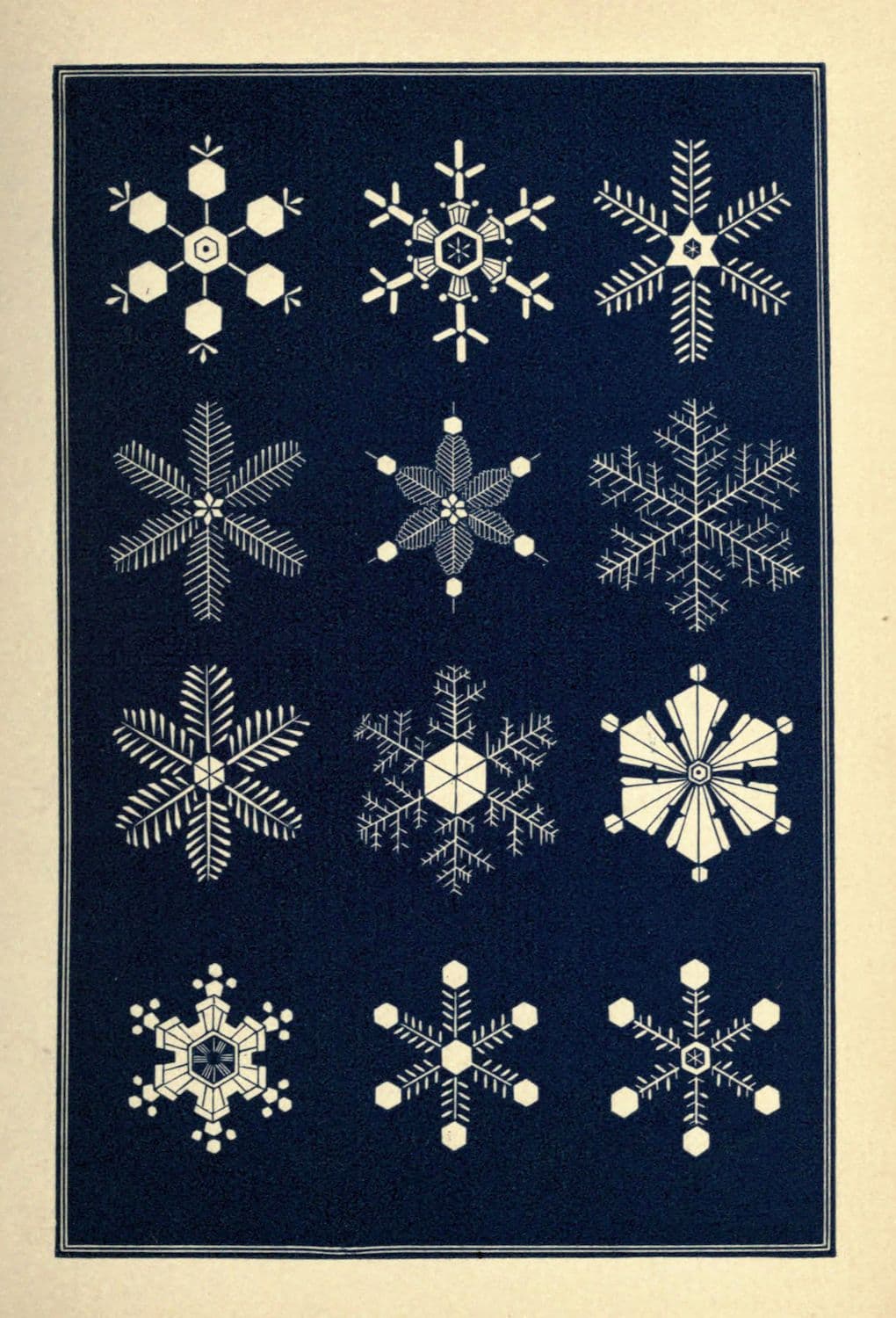 A vintage illustration of twelve unique snowflake designs against a dark background.