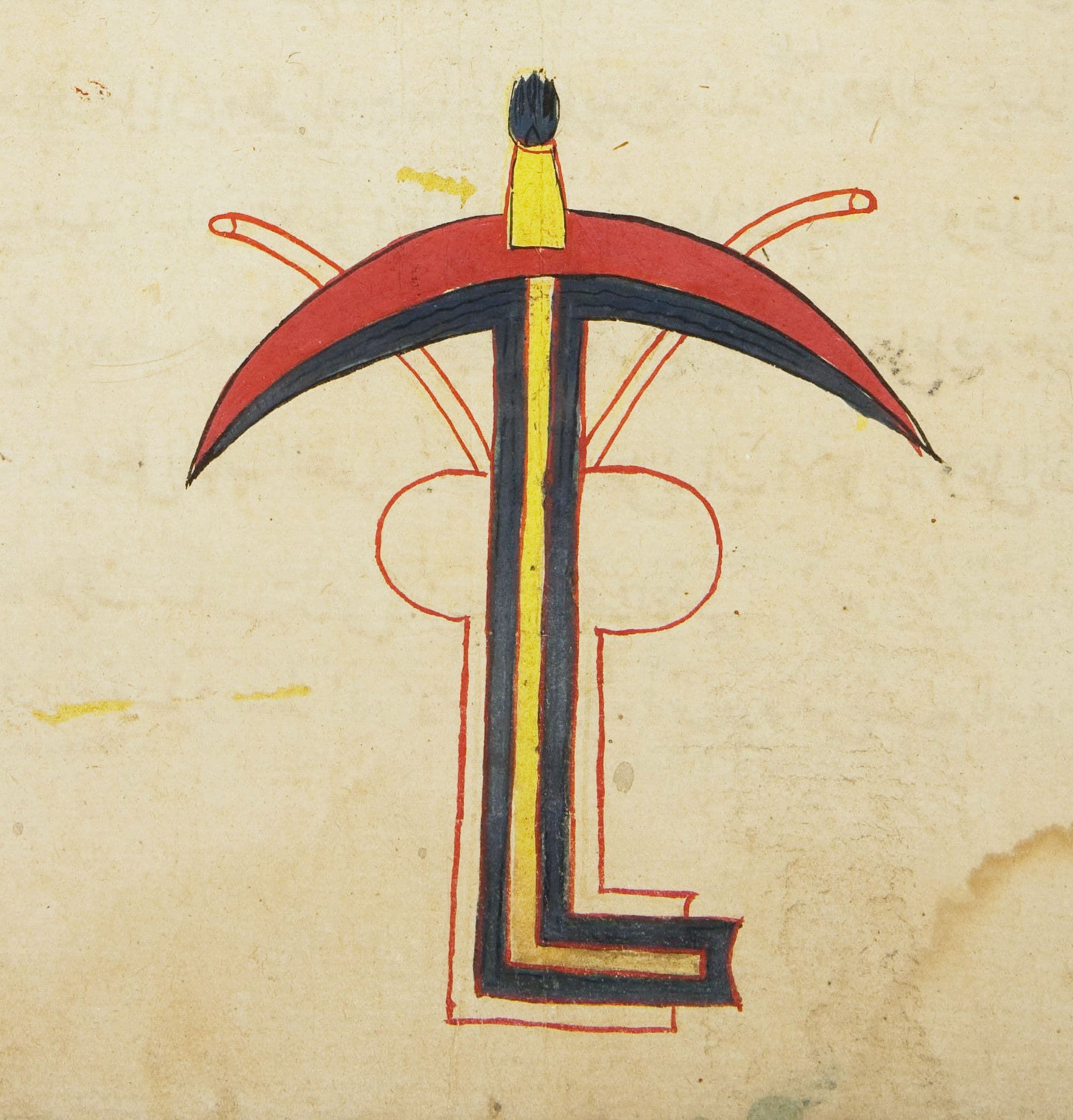 A stylized letter 'T' in red and black, reminiscent of medieval illuminated manuscripts.