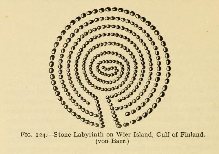 A black and white illustration of a stone labyrinth on Wier Island in the Gulf of Finland. The labyrinth is a spiral pattern formed by a series of small, oval-shaped stones.