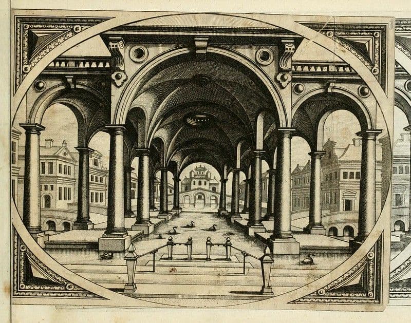 A detailed black and white engraving of a grand colonnaded hall with ornate buildings and a strong sense of perspective.