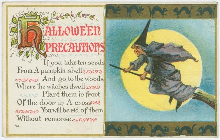 Vintage Halloween postcard with a witch riding a broomstick across the moon and a poem about Halloween precautions.