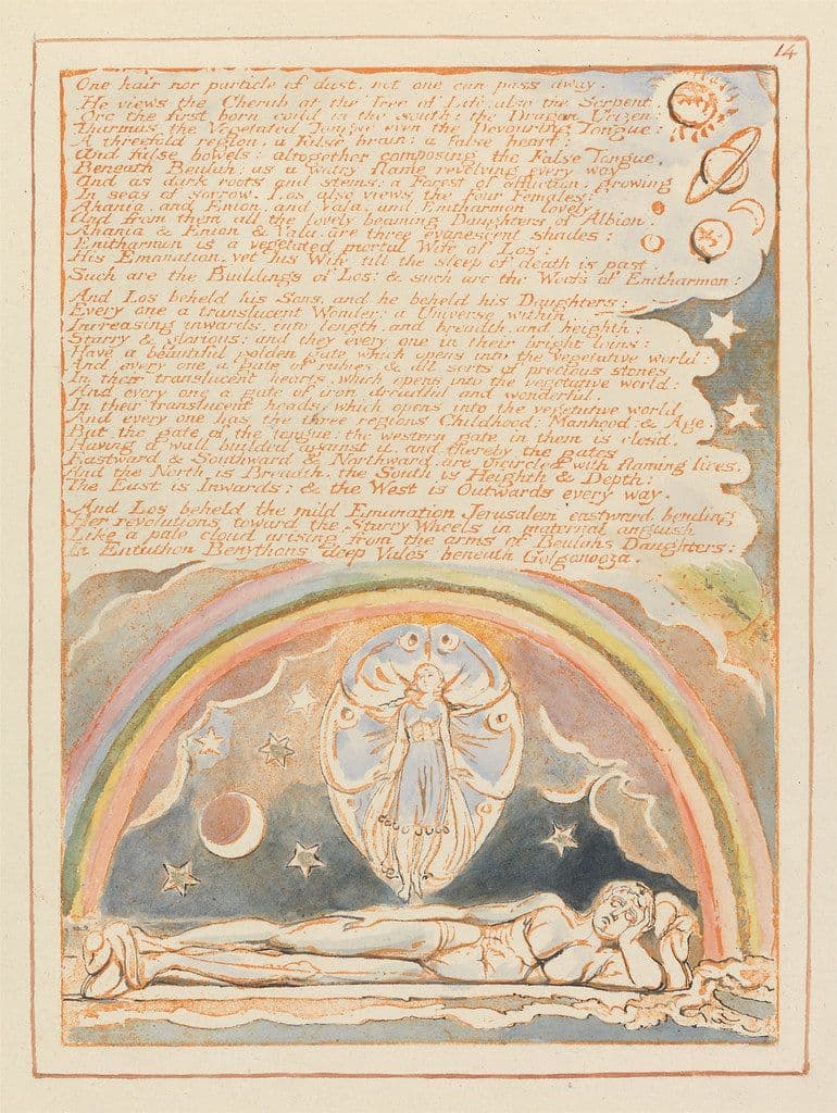 A page from William Blake's illuminated book, featuring a vibrant and complex composition with a rainbow, angel, and figures in water.
