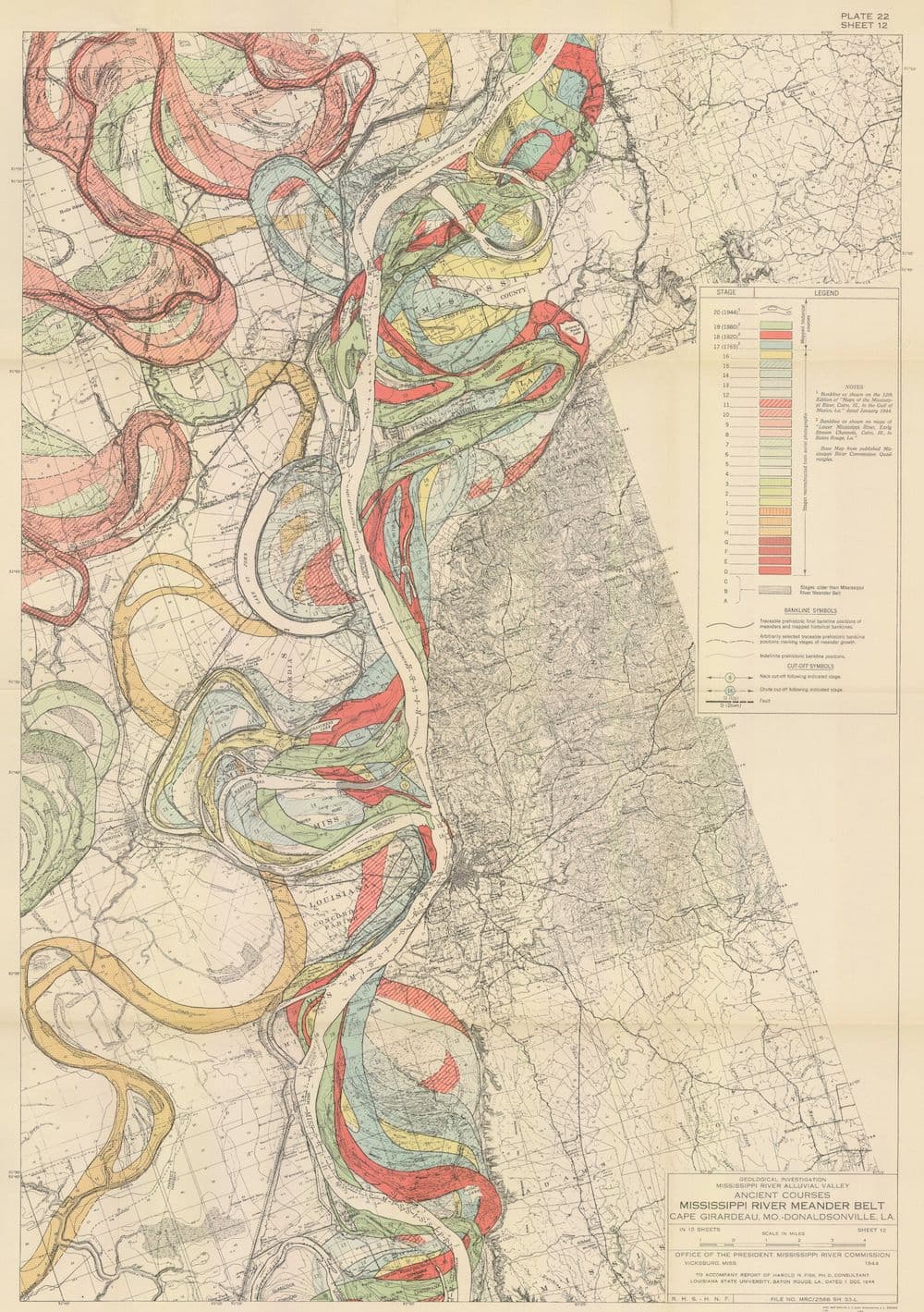 Vintage topographic map of the Mississippi River meander belt from Cape Girardeau, Missouri to Donaldsonville, Louisiana, showing the river's winding course, floodplain elevations, and detailed geographic features.