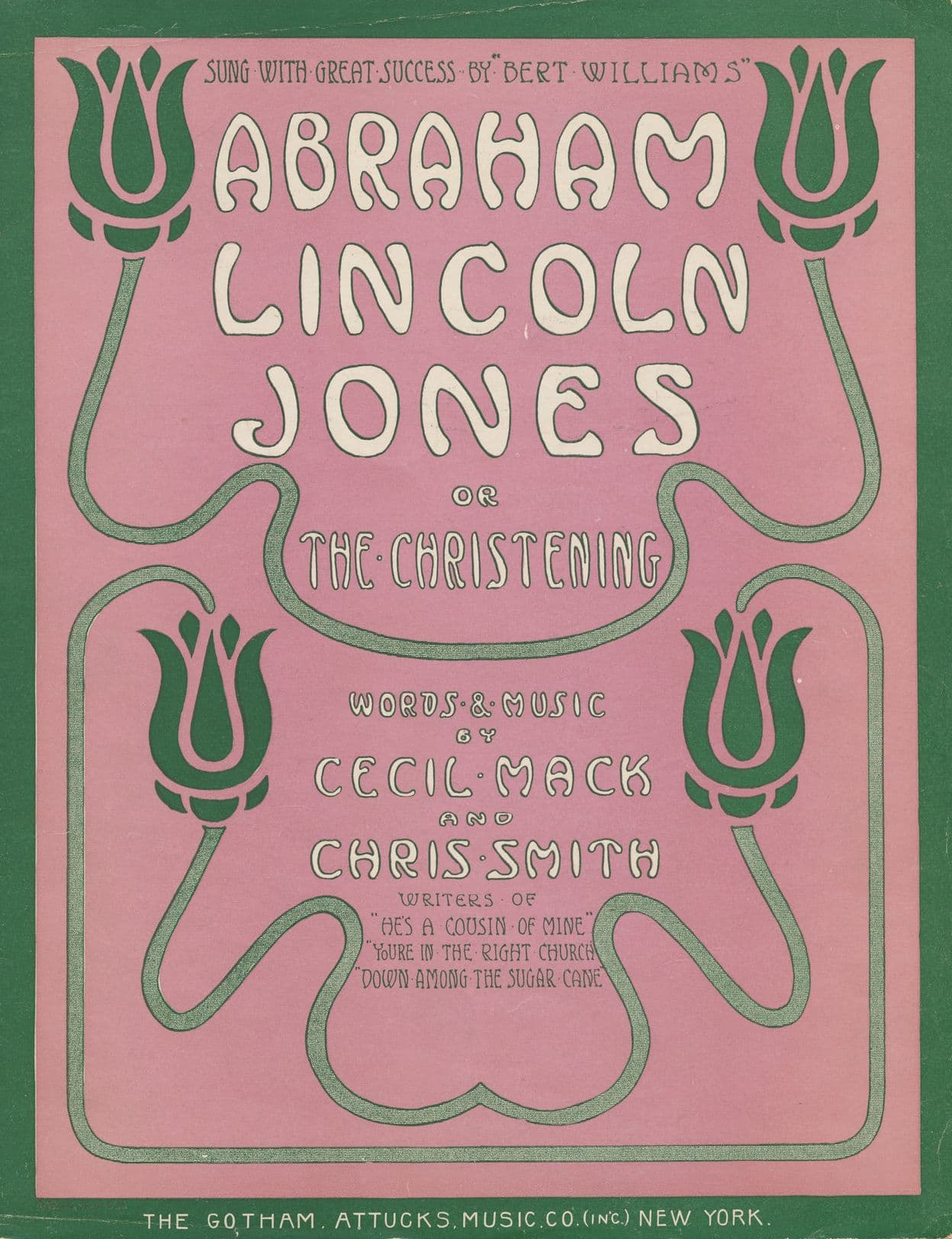 Vintage sheet music cover for "Abraham Lincoln Jones or The Christening" with ornate pink, brown, and gold design.