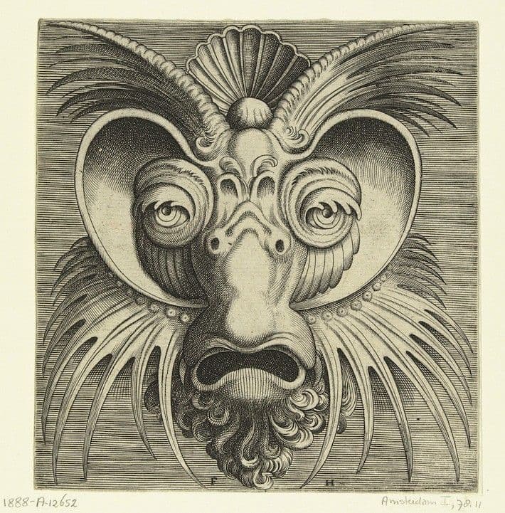 A black and white engraving of a grotesque mask with exaggerated features.