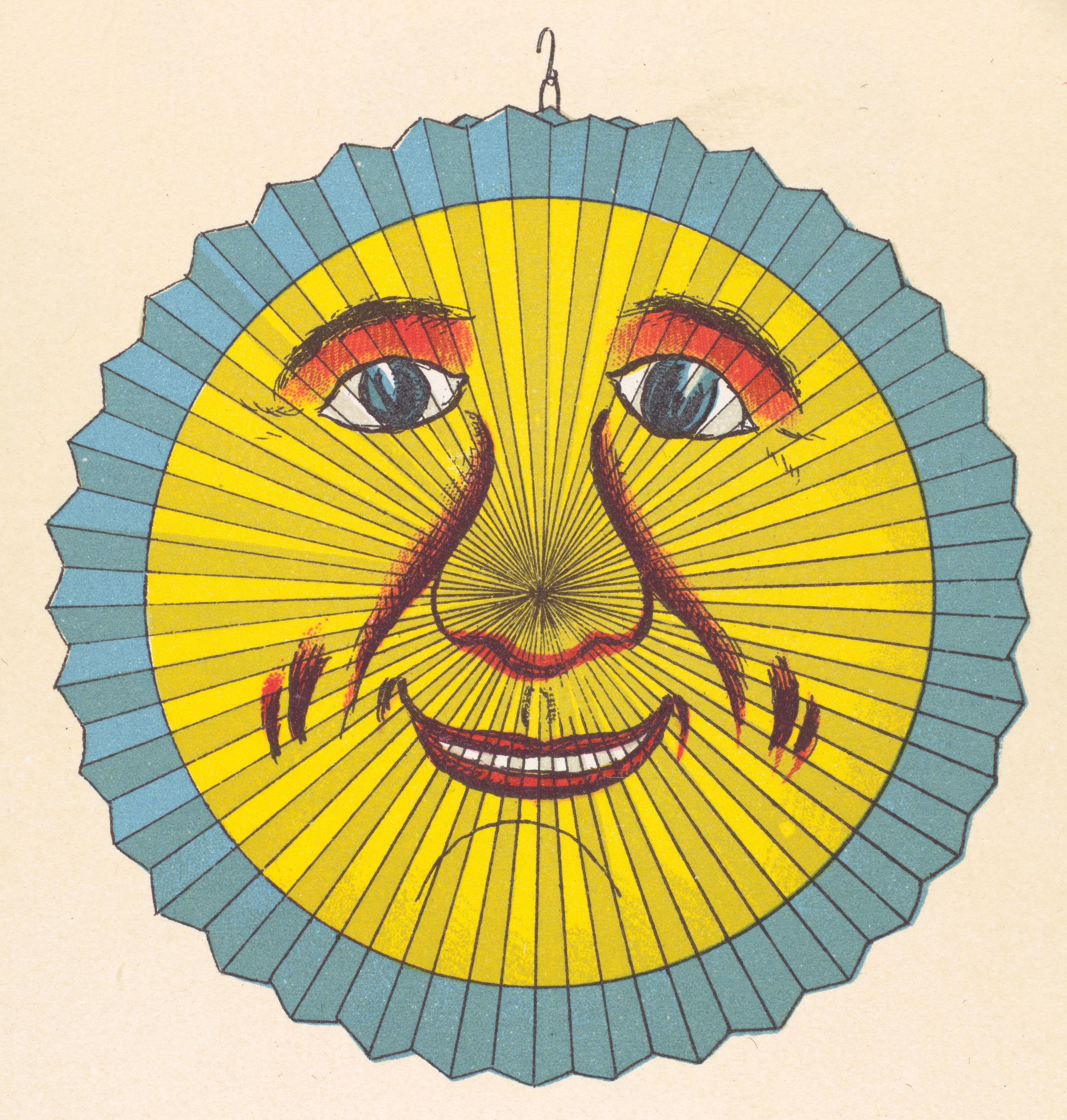 A vintage-style sun with a human-like face, designed like a kite with a blue scalloped edge and radiating yellow rays.