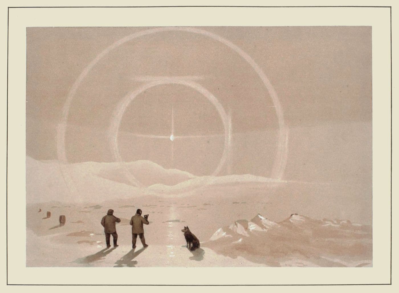 A vintage image of three people and a dog standing in a snowy landscape under a sky filled with concentric halos.